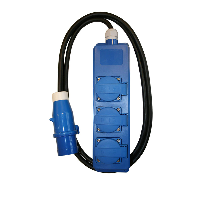 Scatola di prese triple CEE Schuko a 3 vie per campeggio con cavo di prolunga da 1,5 metri e spina CEE.